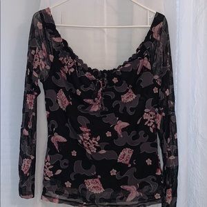 INC Black Top with Sheer Sleeve and Pink Design